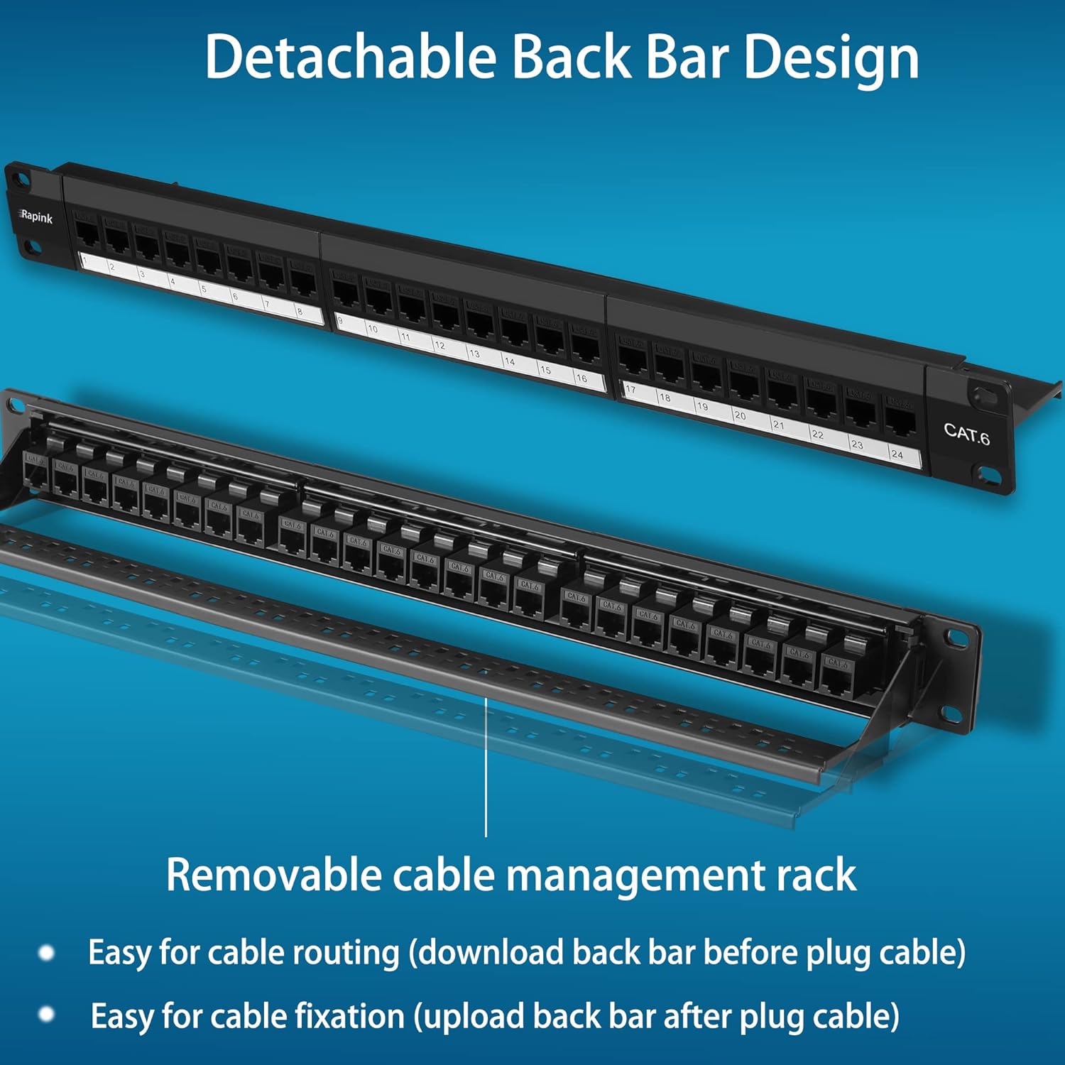 Detalle 1 de Rapink C6PP 24-Port Cat6 Patch Panel, 10G Pass-Through, 1U