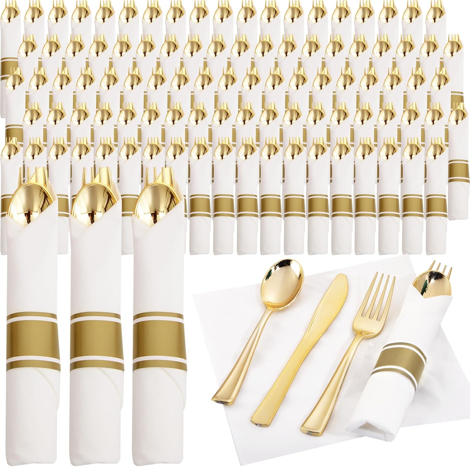 Detalle de Supernal 120Pack Gold Plastic Silverware Wrapped with Napkin