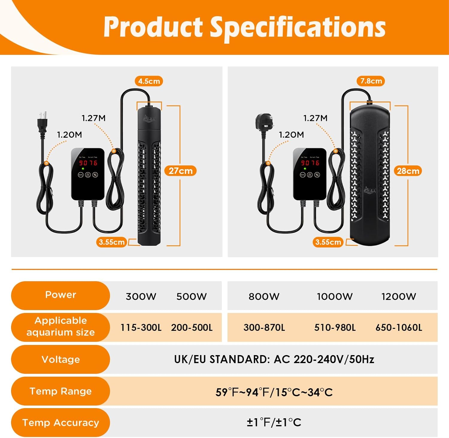 Thumbnail 6 de AQQA Aquarium Heater 500W with external LED thermostat controller (quartz, submersible) for 200–500L tanks
