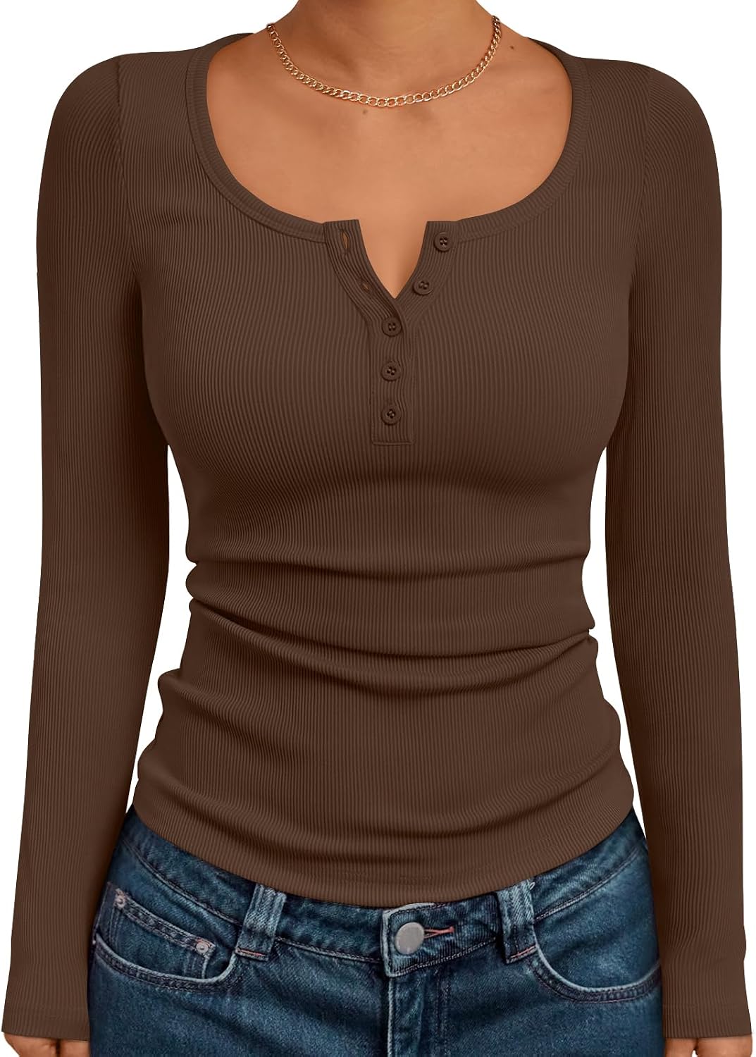 Thumbnail 6 de Trendy Queen Long Sleeve Shirts for Women Henley Ribbed Tops