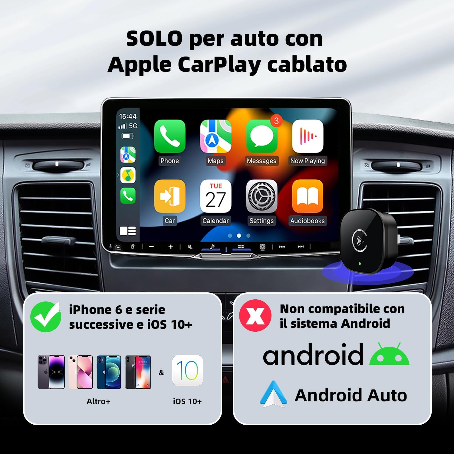 Detalle 2 de MYCIMRE 2026 Adattatore Wireless CarPlay: CarPlay cablato e wireless, design mini USB per auto