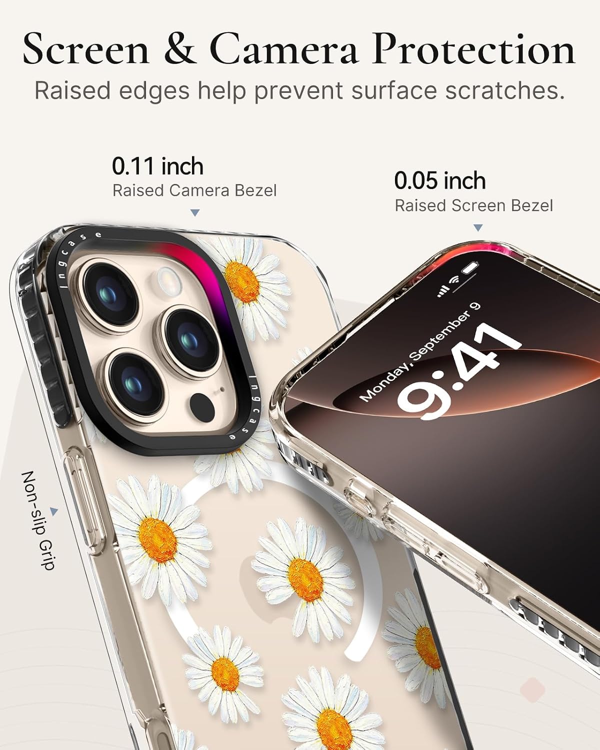 Detalle de Ingcase iPhone 16 Pro Max Case, Daisy Floral TPU with Magnetic Ring Stand