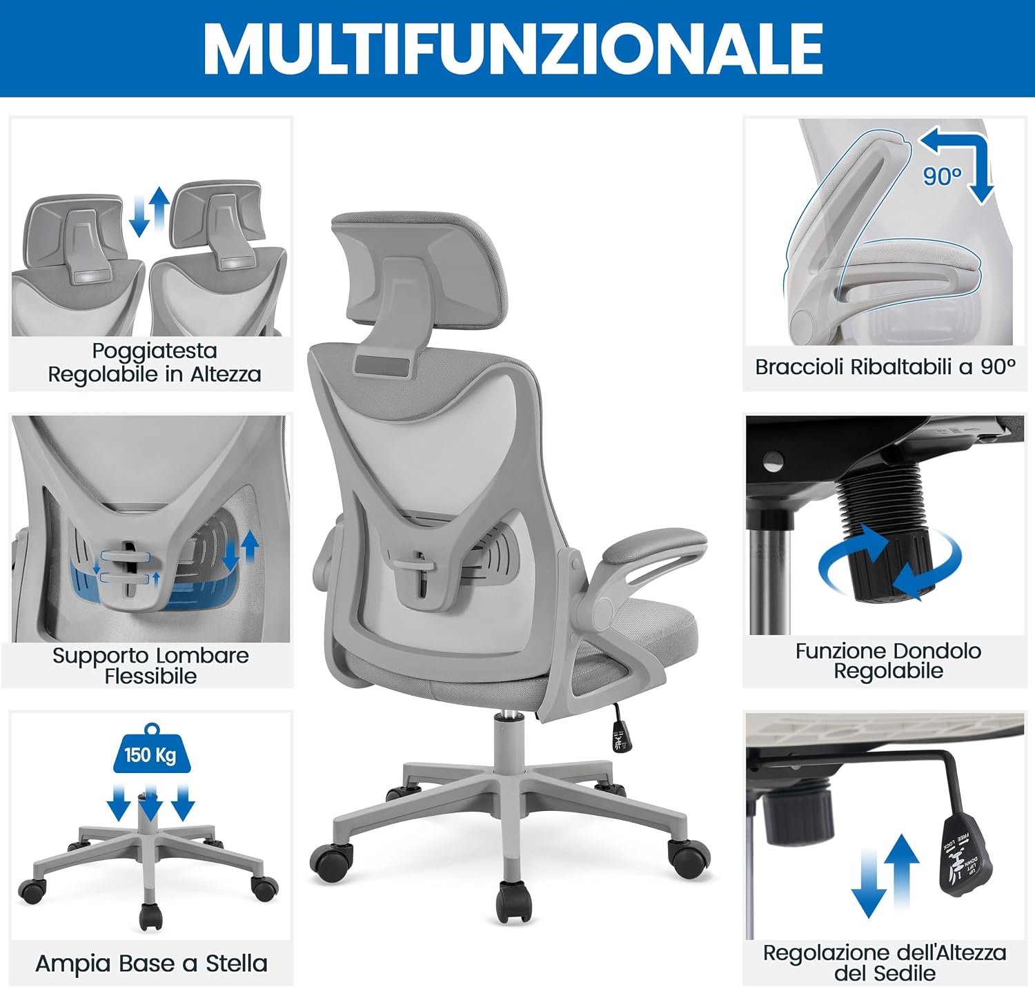Thumbnail 3 de Yaheetech Sedia Ufficio Ergonomica con Poggiatesta Regolabile e Braccioli Pieghevoli