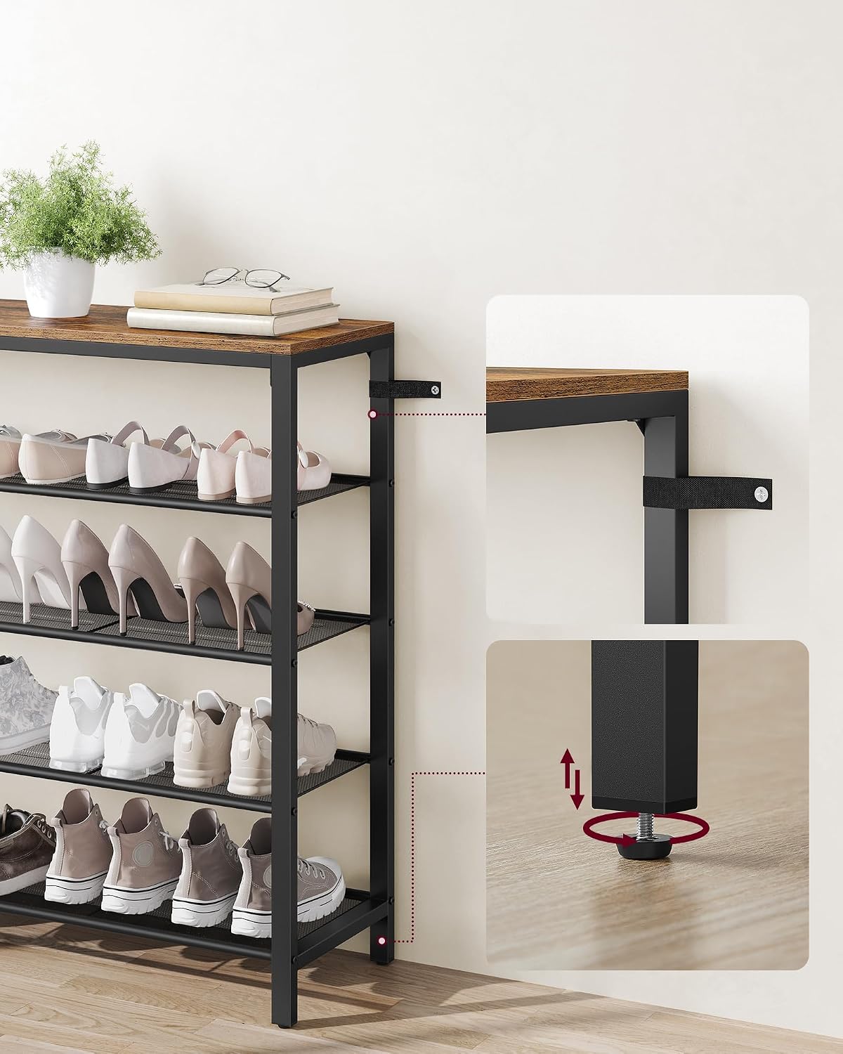 Detalle 2 de VASAGLE LBS15BX Dacey Shoe Rack, 4 Mesh Shelves, Rustic Brown and Black