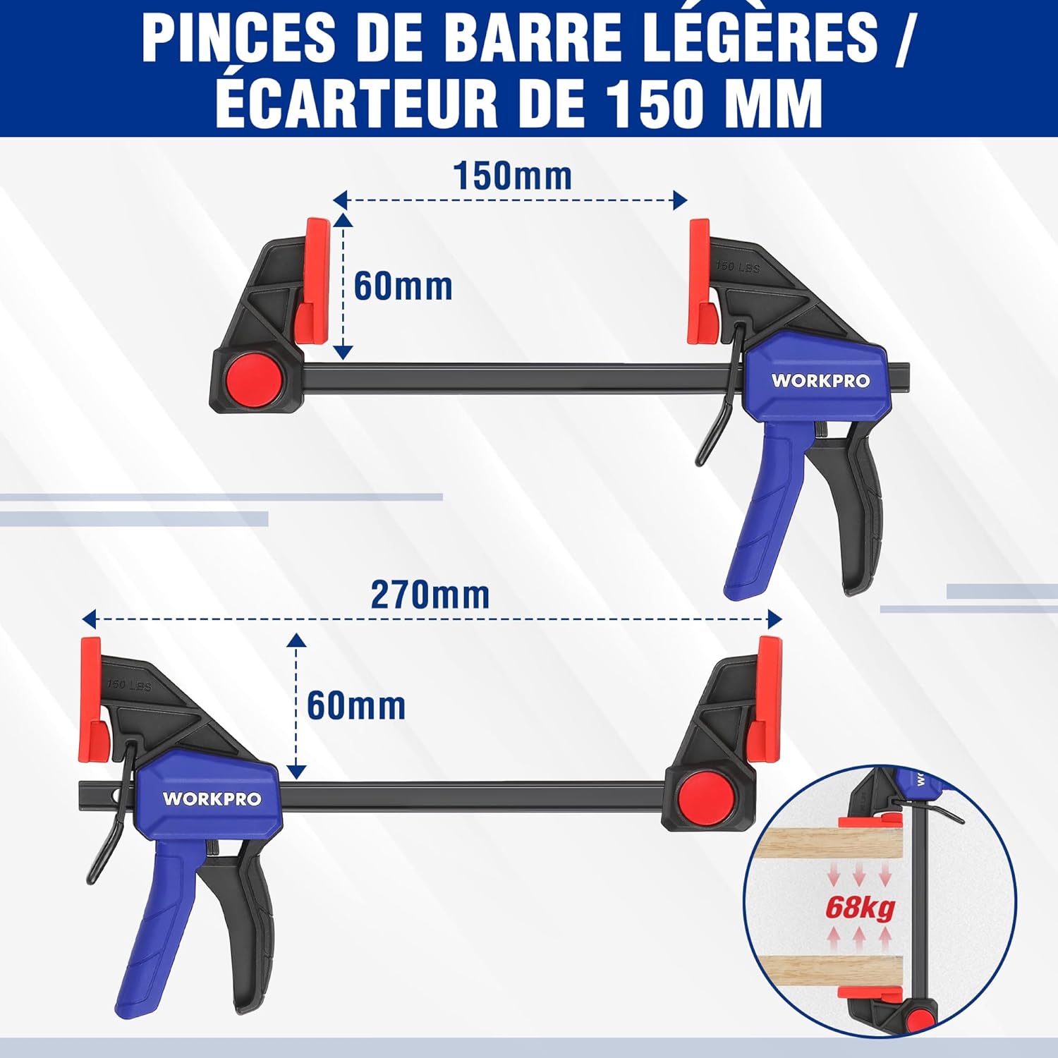 Thumbnail 5 de WORKPRO Jeu de 4 Serre-joints à libération rapide 120/150 mm – 23 kg et 68 kg