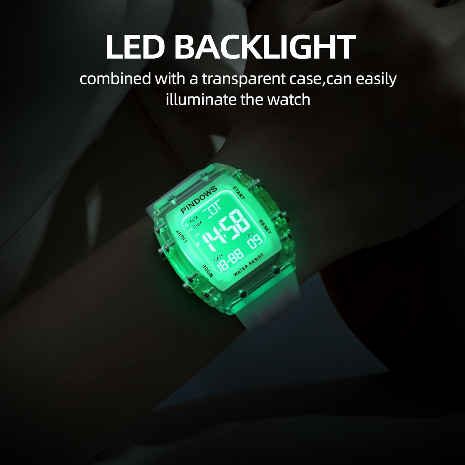 Thumbnail 1 de PINDOWS Digitale Sportuhr für Damen mit transparentem Gehäuse, LED-Licht und 5 ATM – Stoppuhr & Dualzeit