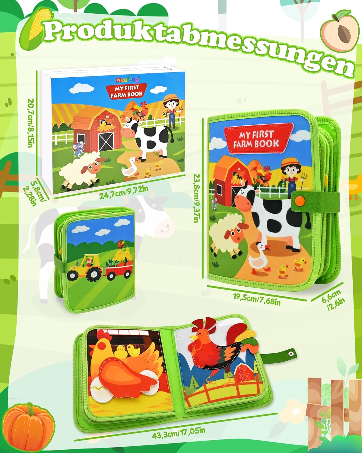 Thumbnail 6 de Meafeng Busy Board Montessori Spielzeug 20-in-1 – Bauernhof-Thema, ab 1 Jahr, weiches Filz-Image für frühe Bildung