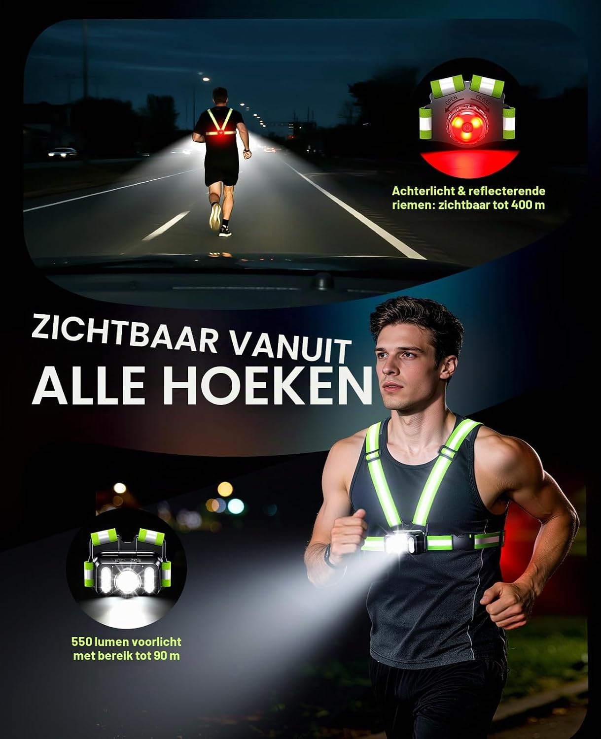 Detalle de Mohard WDB81 hardloopvest met 550 lumen, zijlicht en 360° reflectie