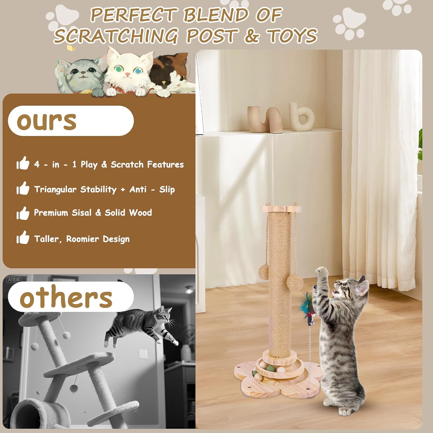 Detalle de OFC Lenw Sisal Cat Scratching Post — 50cm Tall with Interactive Track Ball Toy
