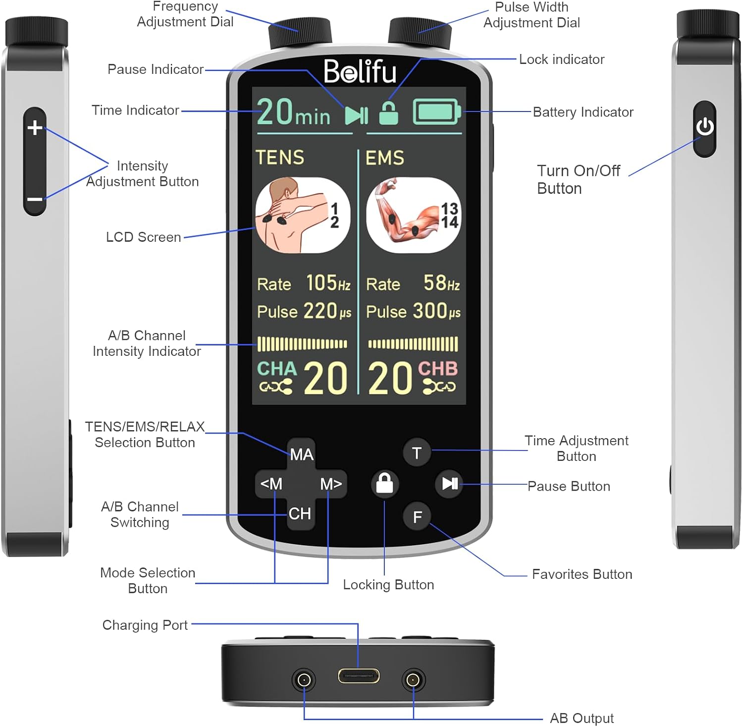 Detalle de Belifu TENS EMS Unit with 3.8-Inch Display