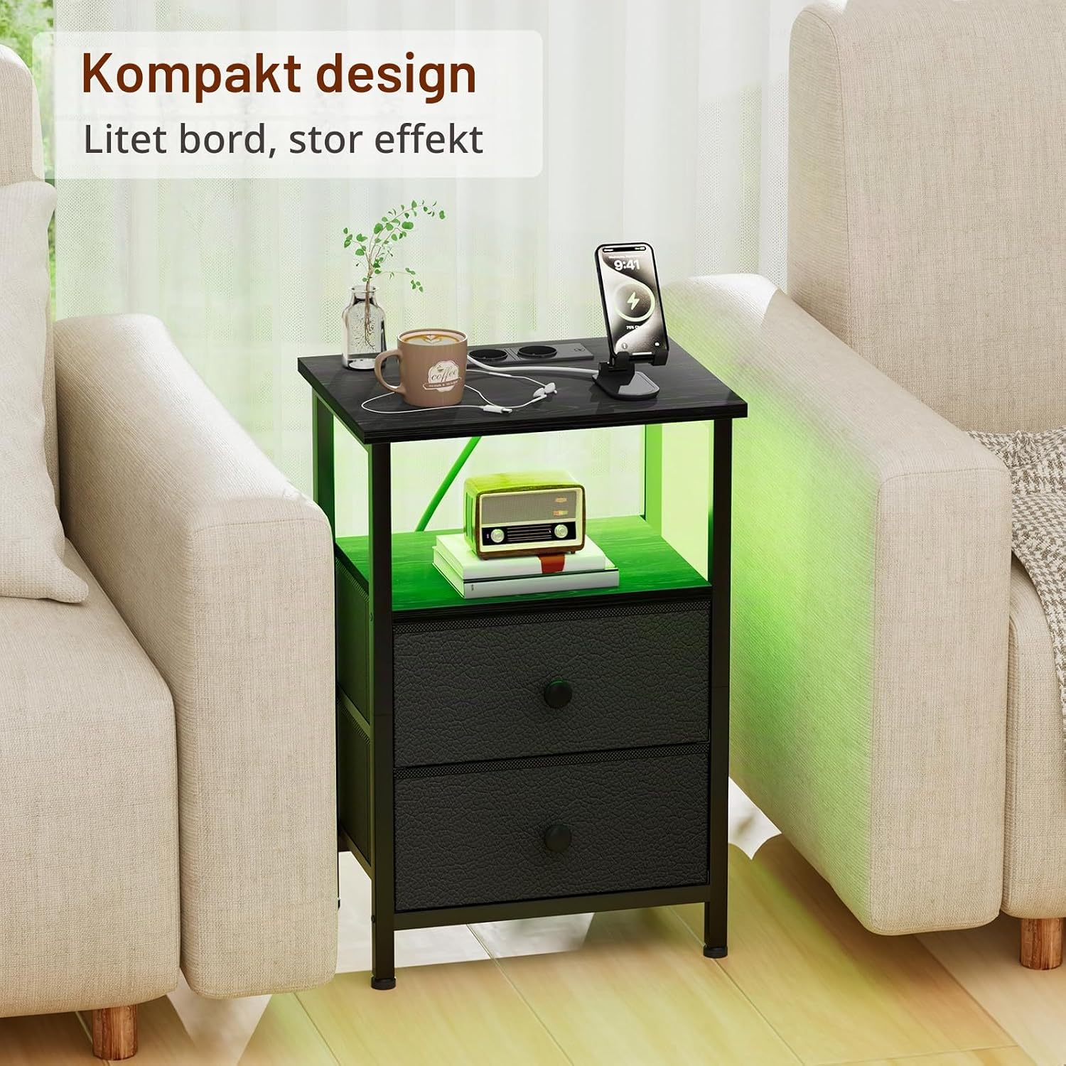 Detalle de AMHANCIBLE HETS02BK-1 sängbord med RGB LED, laddstation och två tyglådor