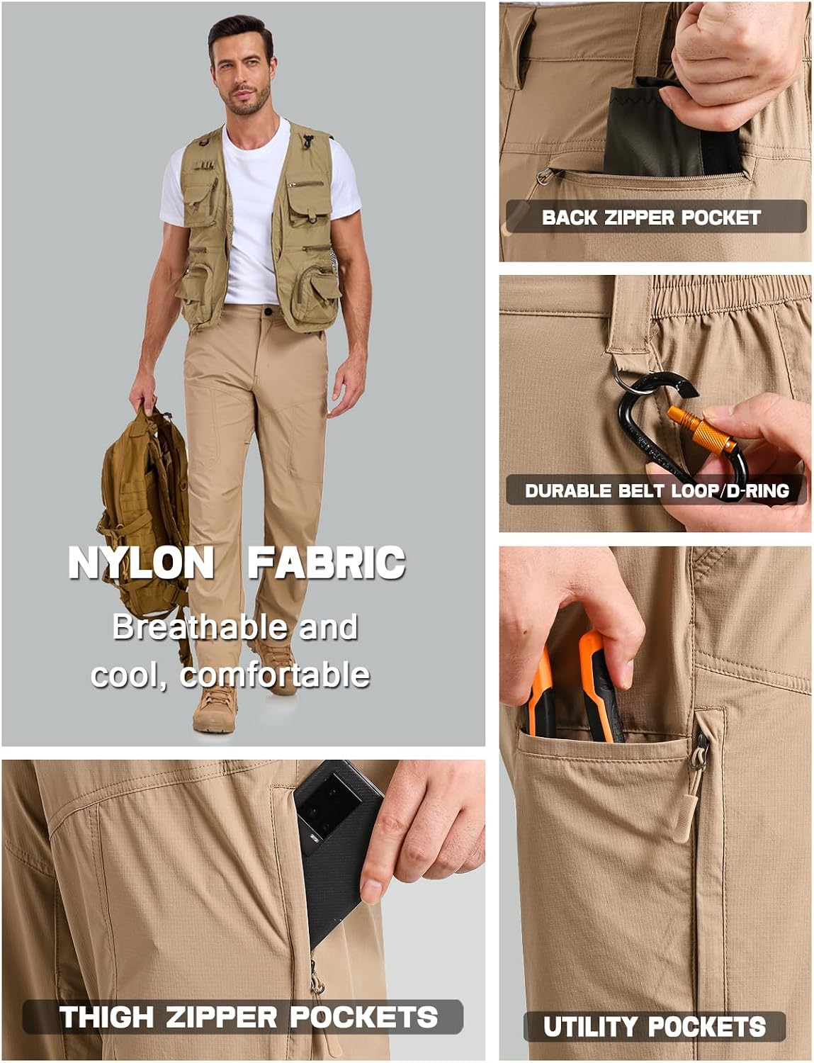 Detalle de SPOSULEI Mens Lightweight Cargo Hiking Outdoor Pants