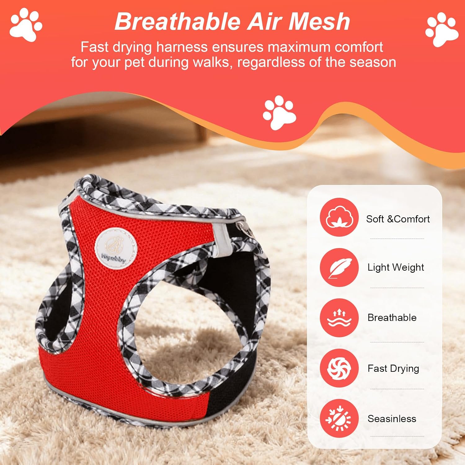 Detalle de Hipubby HB-Dog Harness M Dog Harness and Leash Set, Reflective Air Mesh, Black/Red