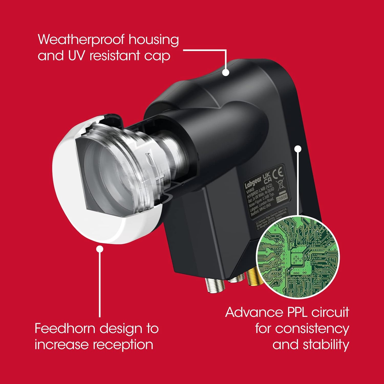Detalle de Labgear Hybrid LNB 6 Output (2 Wideband + 4 Quad) for Sky Q, Sky+ and Freesat
