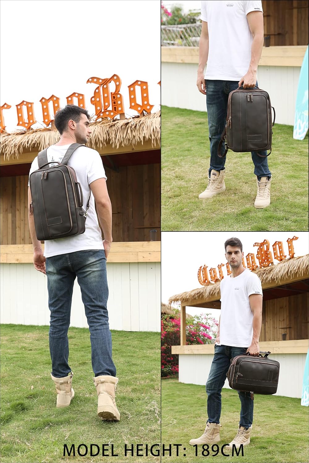Thumbnail 6 de LANNSYNE Men's Full Grain Leather Expandable 15.6in Laptop Backpack Tote
