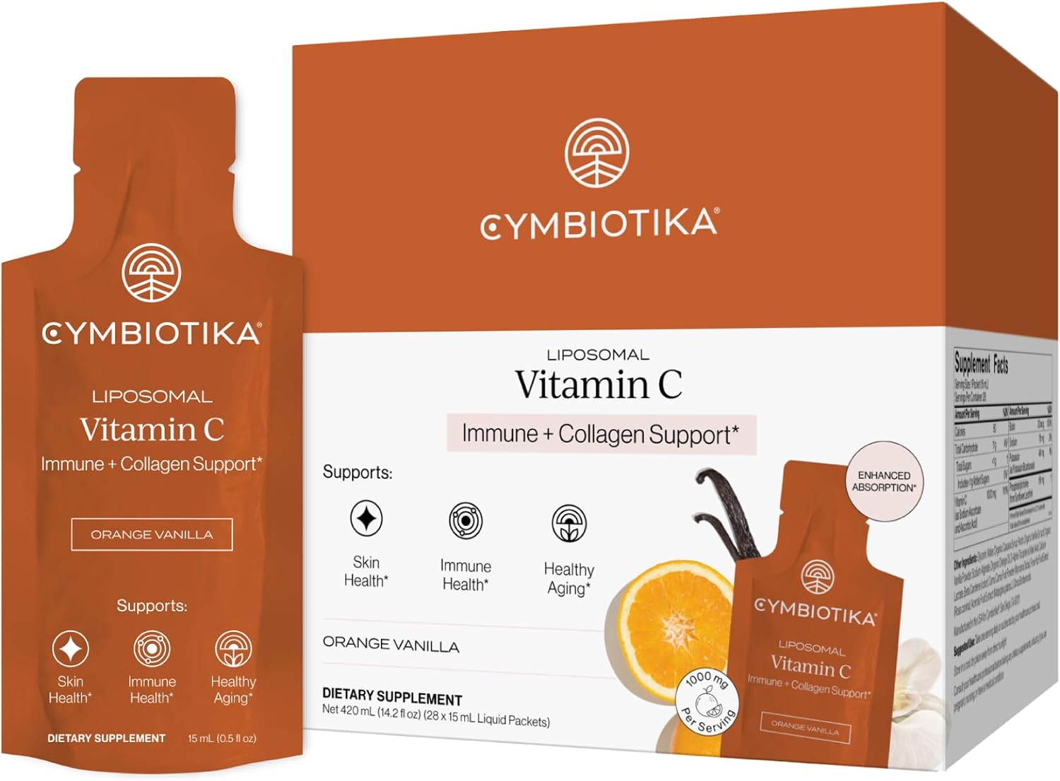 Detalle de CYMBIOTIKA Liposomal Vitamin C 1000mg with Biotin, Orange Vanilla, 28 Pouches