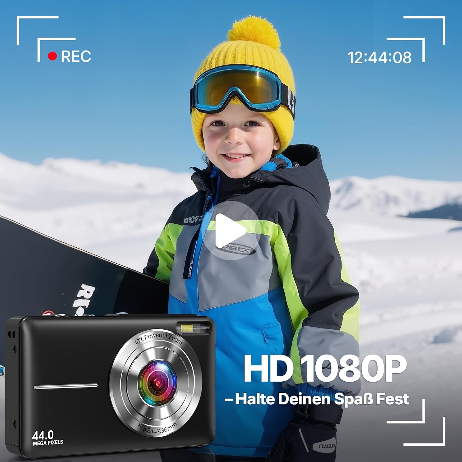 Detalle 2 de LOUM Digitalkamera Kompakte Kamera mit 44 MP Fotos, 1080P Video, 2,4" IPS und Webcam-Modus (32 GB TF-Karte) – Schwarz