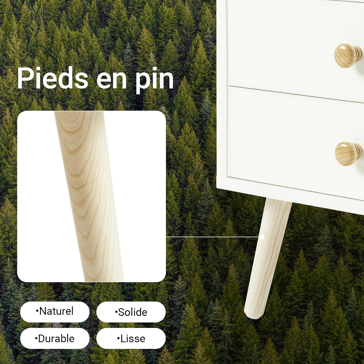 Detalle de SoBuy Table de Nuit Moderne FBT100-W avec Tiroirs et Étagères Ouvertes – Chevet en bois de pin blanc