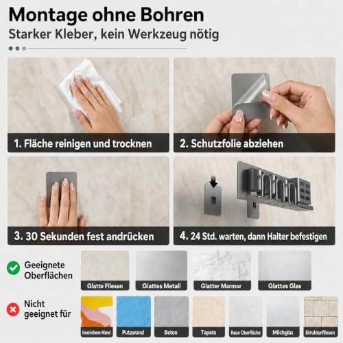 Thumbnail 7 de KEXIBO Zahnbürstenhalter Wand Ohne Bohren – Aluminium, Klebehalterung für 3 Becher, Bad Organizer Grau