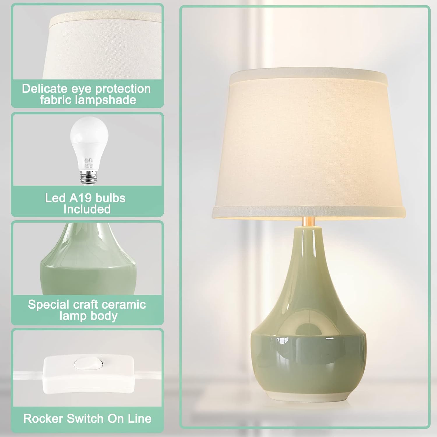 Thumbnail 6 de GyroVu T00173 Ceramic Table Lamp Set of 2, Sage Green, Rocker Switch