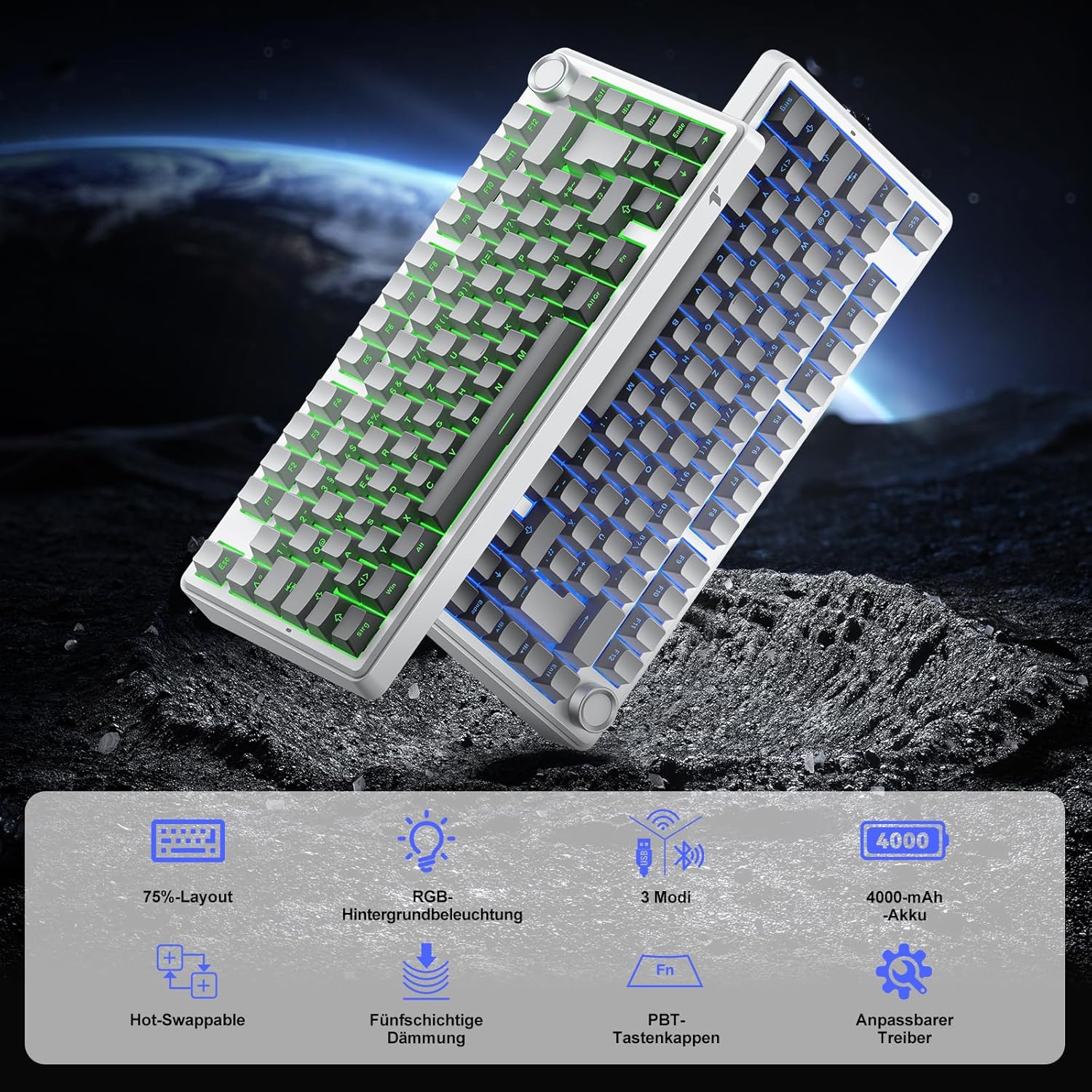 Detalle de TECURS 75% Gaming Tastatur Kabellos mit Hot-Swap, Drehknopf und PBT-Kappen – QWERTZ Gradient Grau