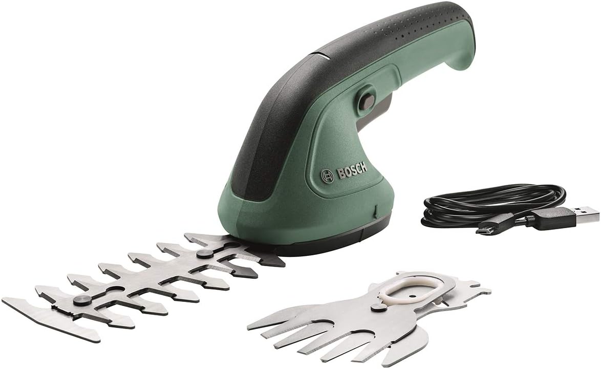 Detalle de Bosch EasyShear Gartenschere mit integriertem 3,6-V-Akku – 2-in-1 für Sträucher und Rasenkanten