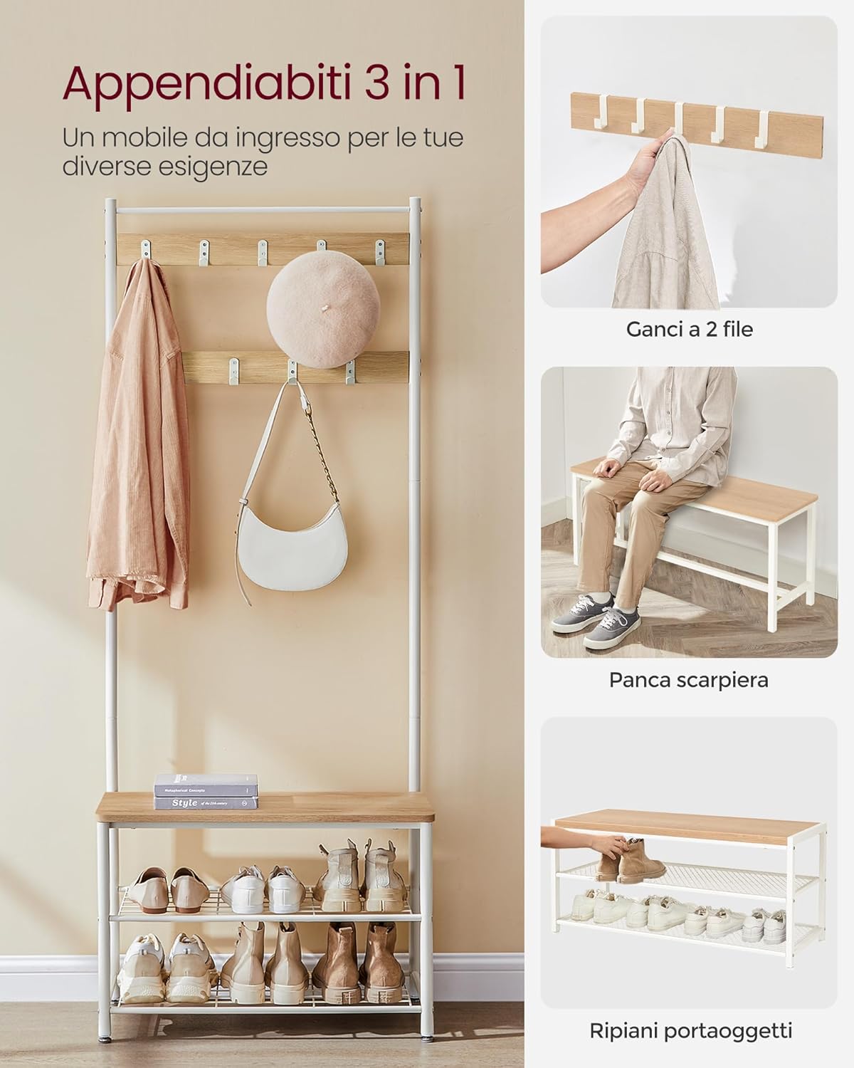 Detalle 1 de VASAGLE HSR041W09 Appendiabiti 3 in 1 32x70x177 cm