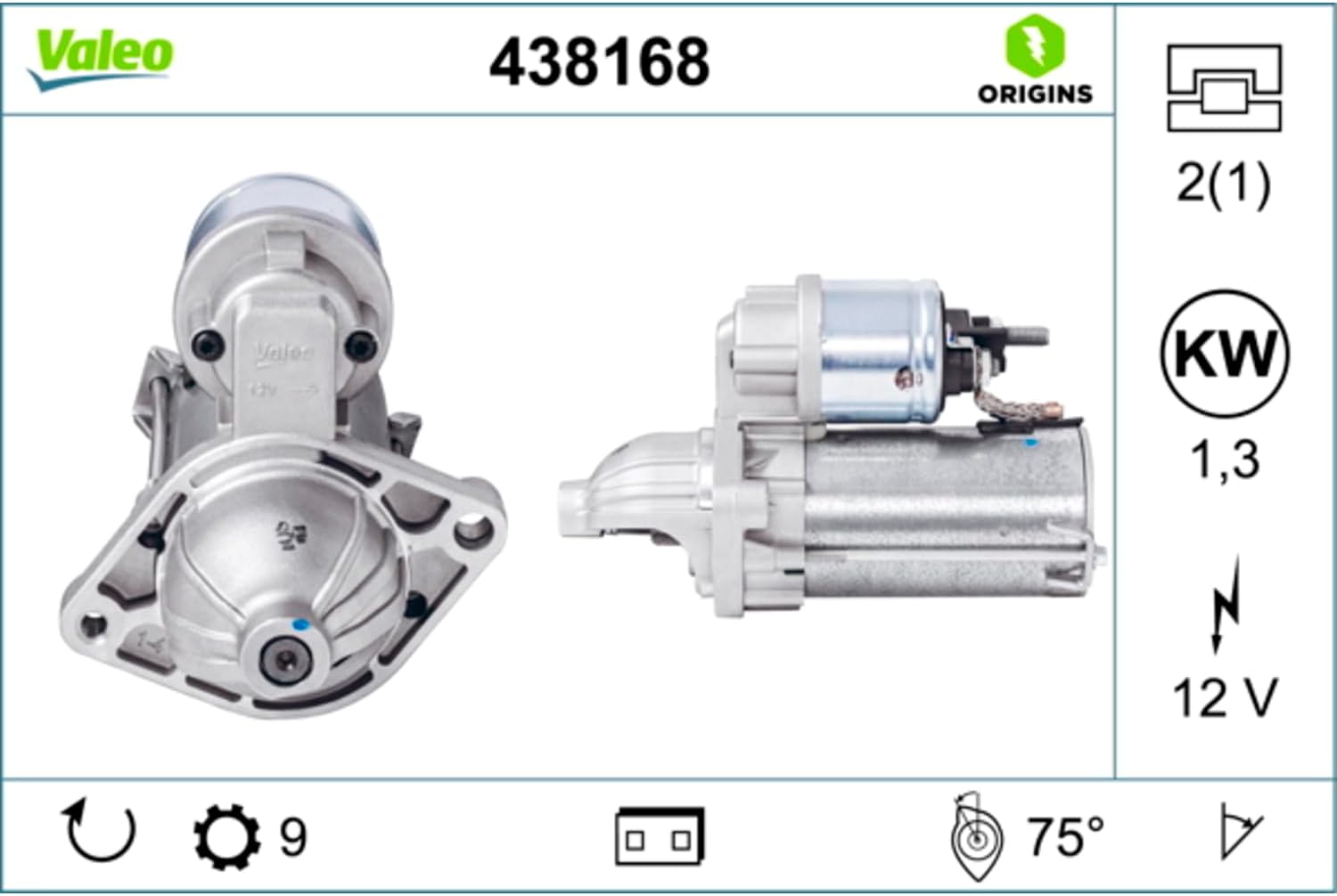 Detalle 2 de VALEO 438168Démarreur – 12 V, 1,3 kW, 9 dents, rotation CW