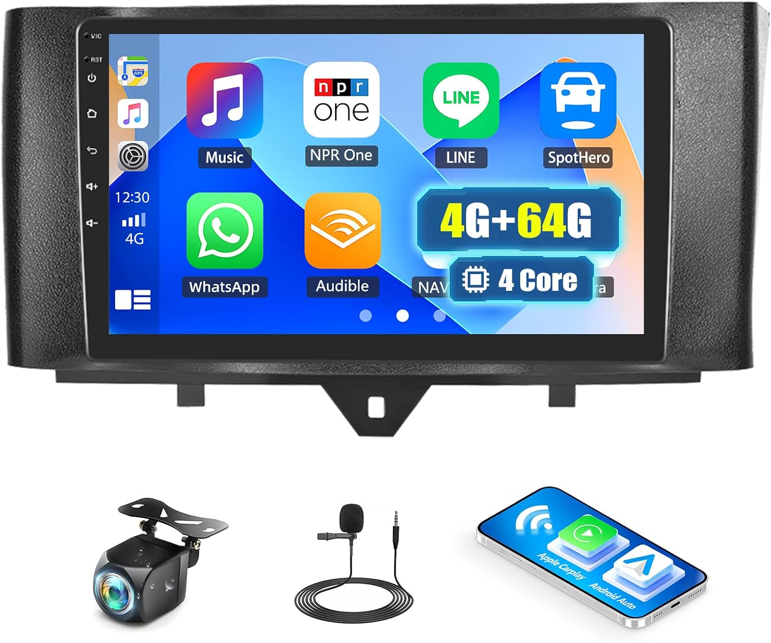 Detalle de CAMECHO 4G+64G Android 15 2 DIN per Mercedes Smart Fortwo W451 (2011-2015) con schermo 9” CarPlay/Android Auto, GPS, WiFi e telecamera AHD