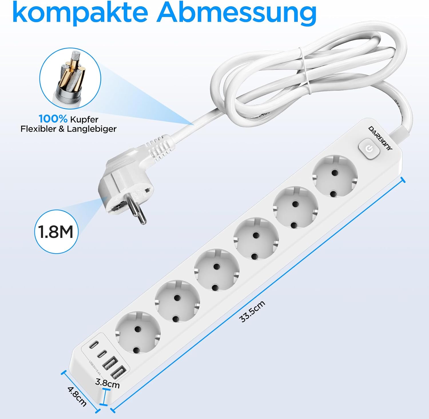 Thumbnail 5 de Steckdosenleiste mit 4 USB (Type‑C & A), 6-fach Mehrfachsteckdose mit Schalter – 3680 W, 16 A, 1,8 m Kabel, Wandmontage (weiß)