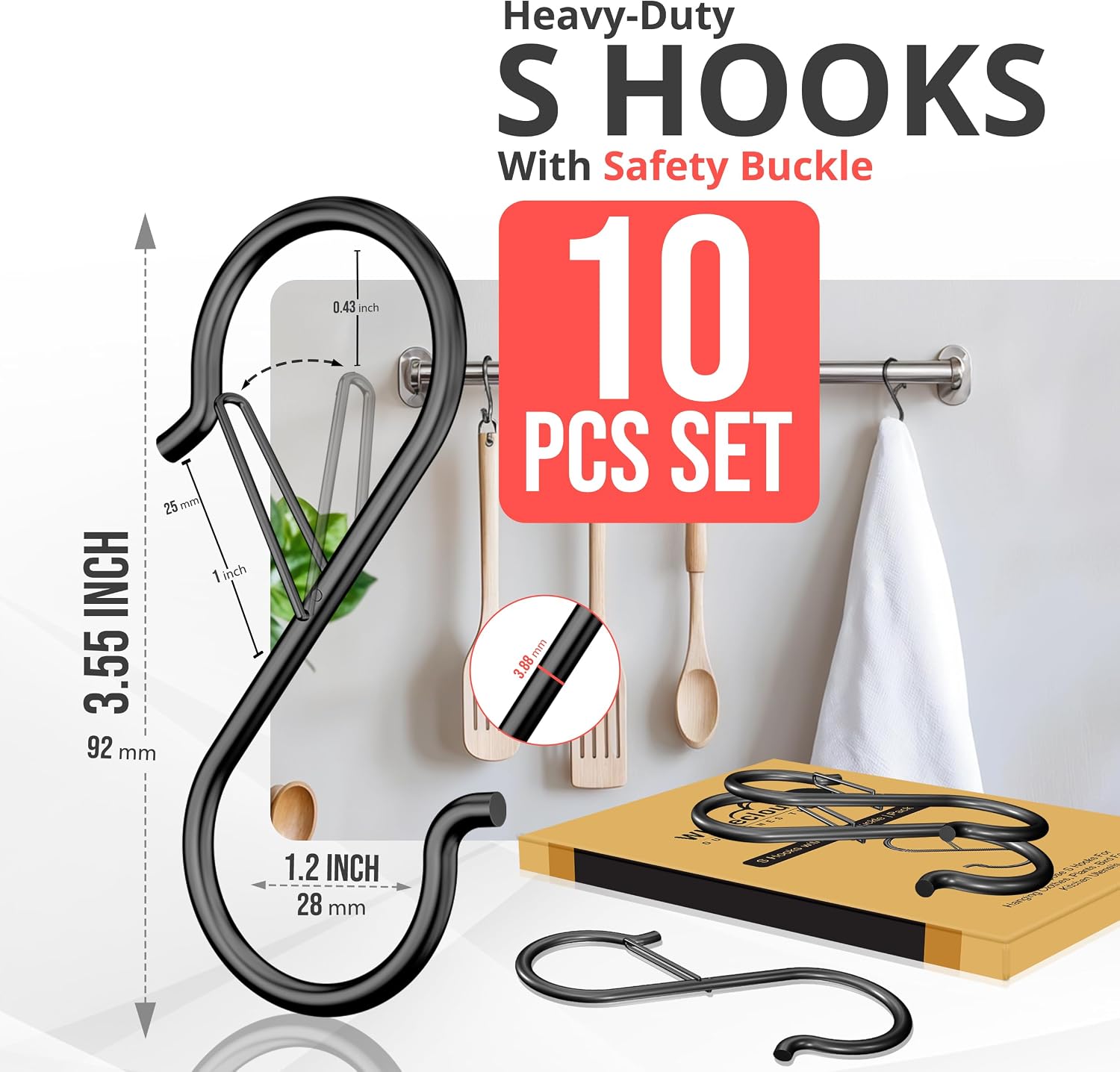 Thumbnail 1 de WHITECLOUDZ 10Pack Heavy Duty S Hooks with Safety Buckle – Wall & Ceiling Hanging Solutions (9.2cm)