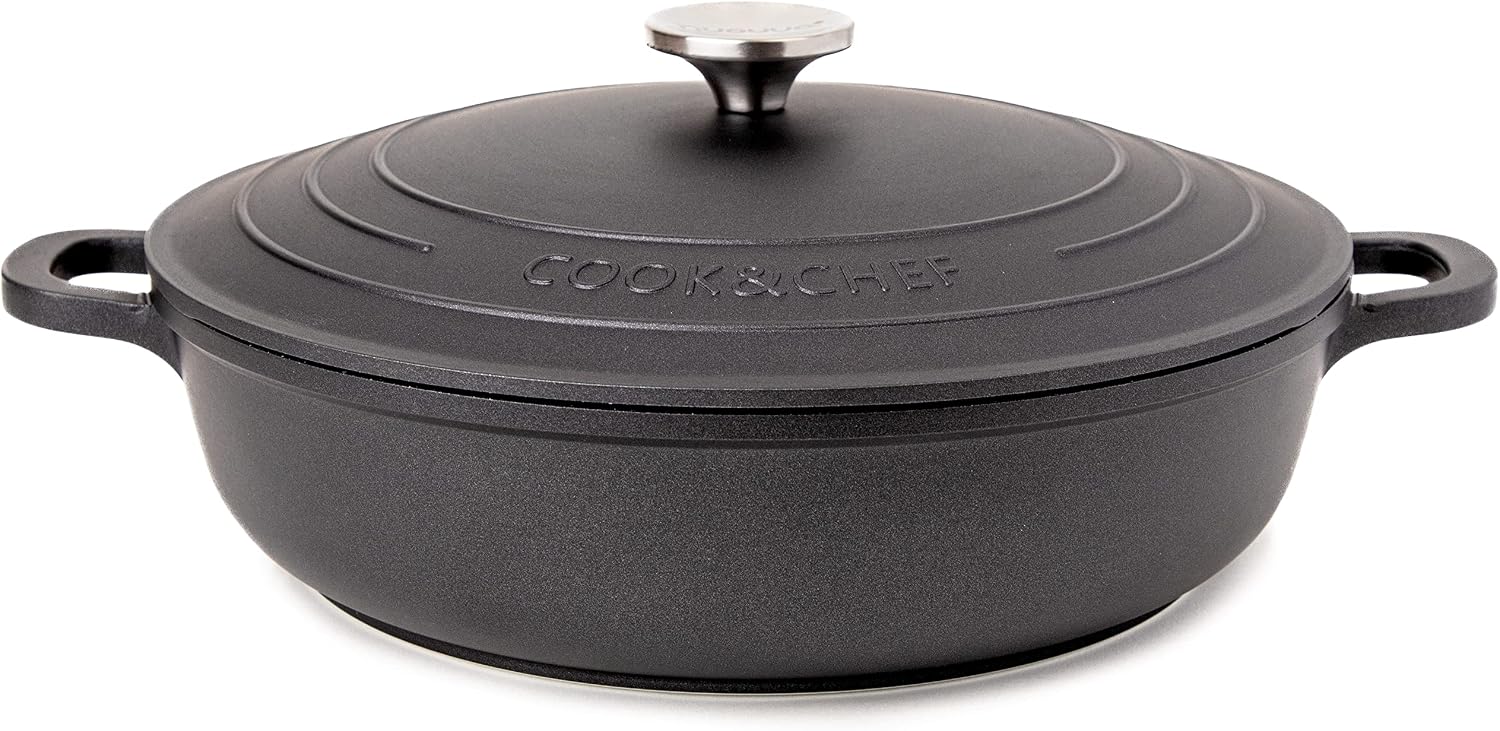Detalle de Non-Stick Aluminium Pot with Lid – Sturdy Shallow Dutch Oven (3.9L, 28cm) by Nuovva