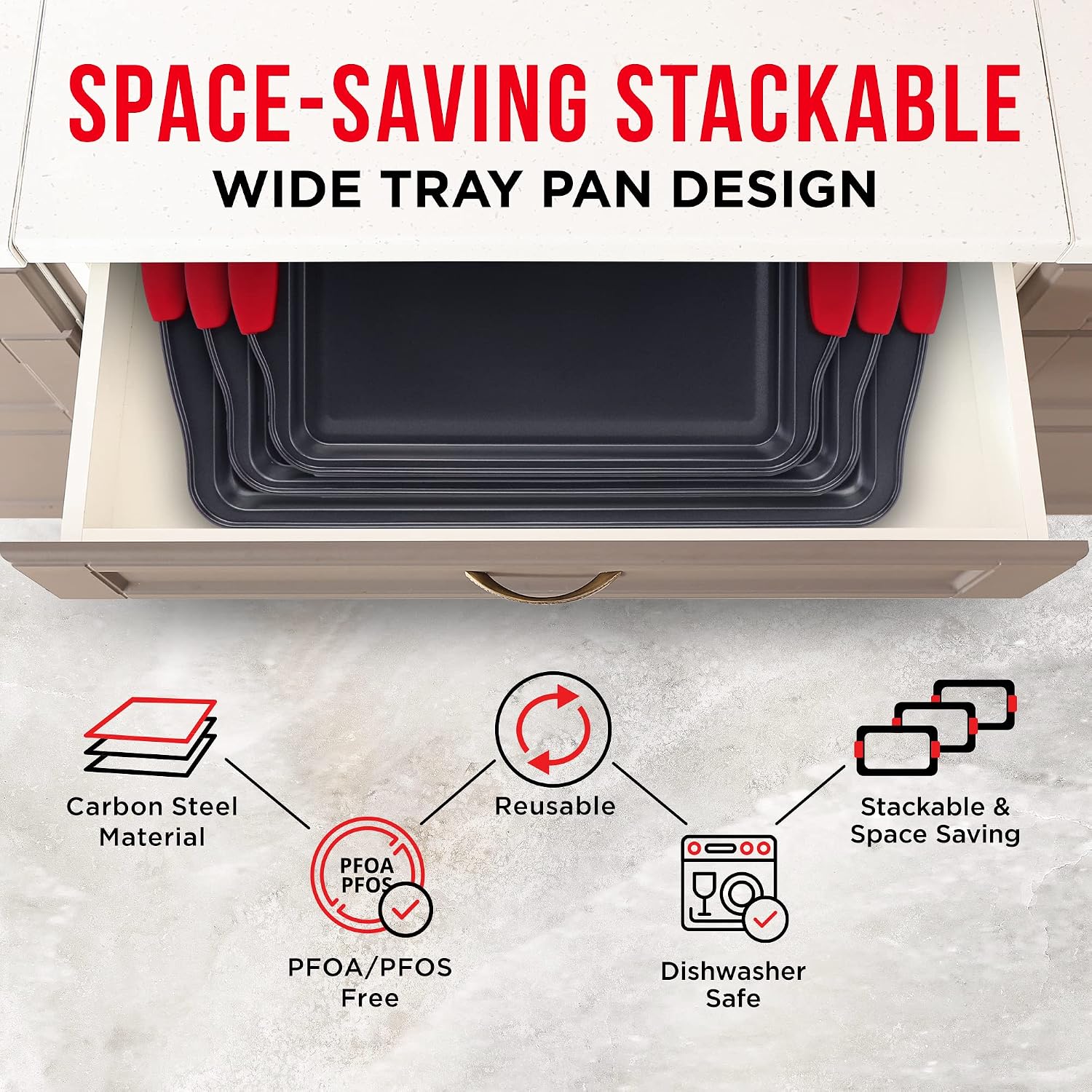 Detalle de Bakken 3-Piece Cookie Sheet Set, Non-Stick Carbon Steel with Silicone Handles