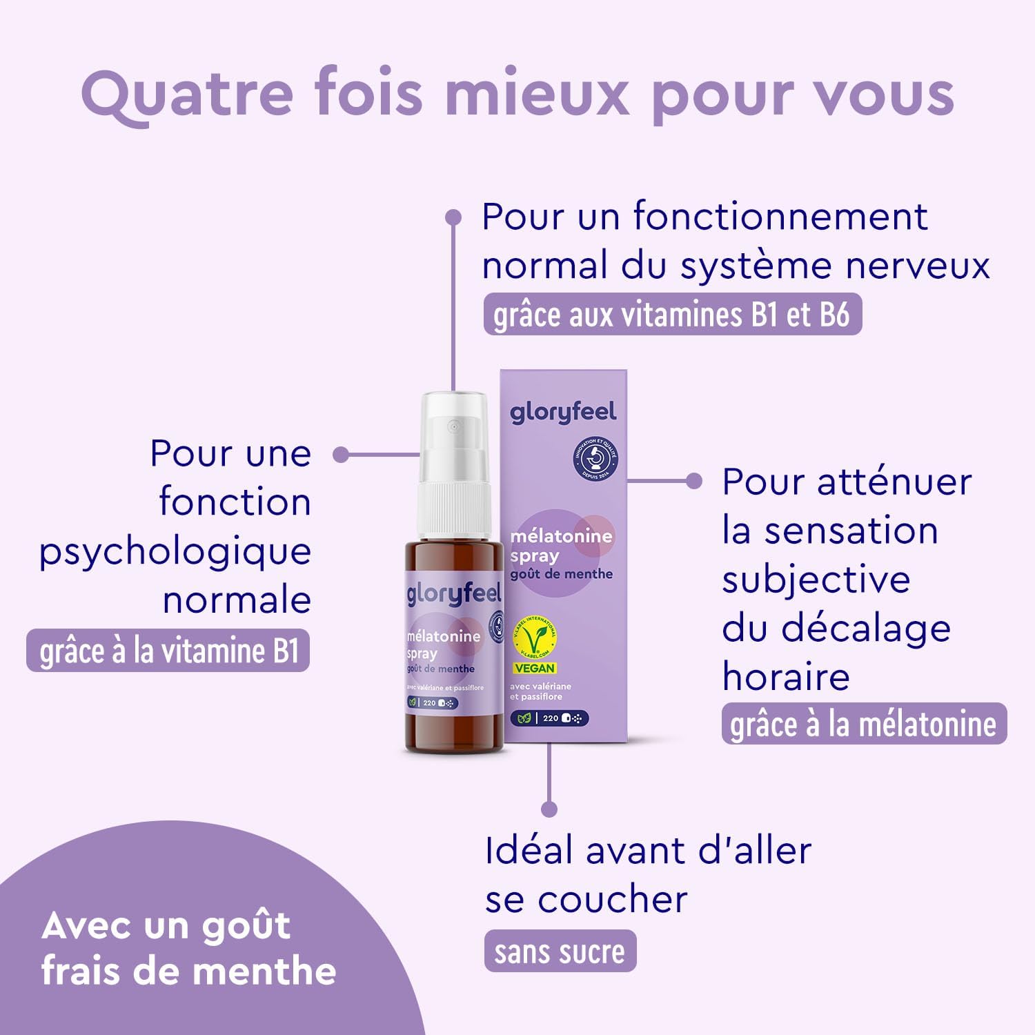 Detalle de Spray Mélatonine Effet Immédiat Valériane Lavande Passiflore + vitamines B6/B1 (30 ml) – Goût menthe
