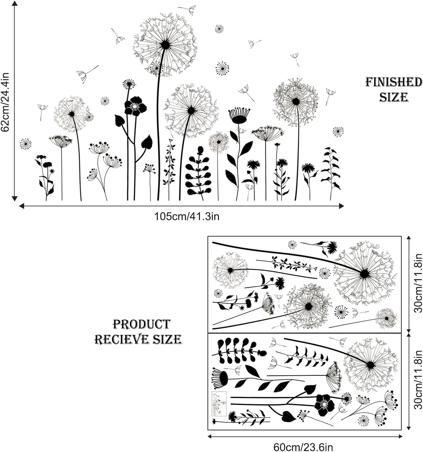 Thumbnail 5 de Supzone Black Dandelion Wall Stickers: Floral Flying Butterflies DIY Wall Décor