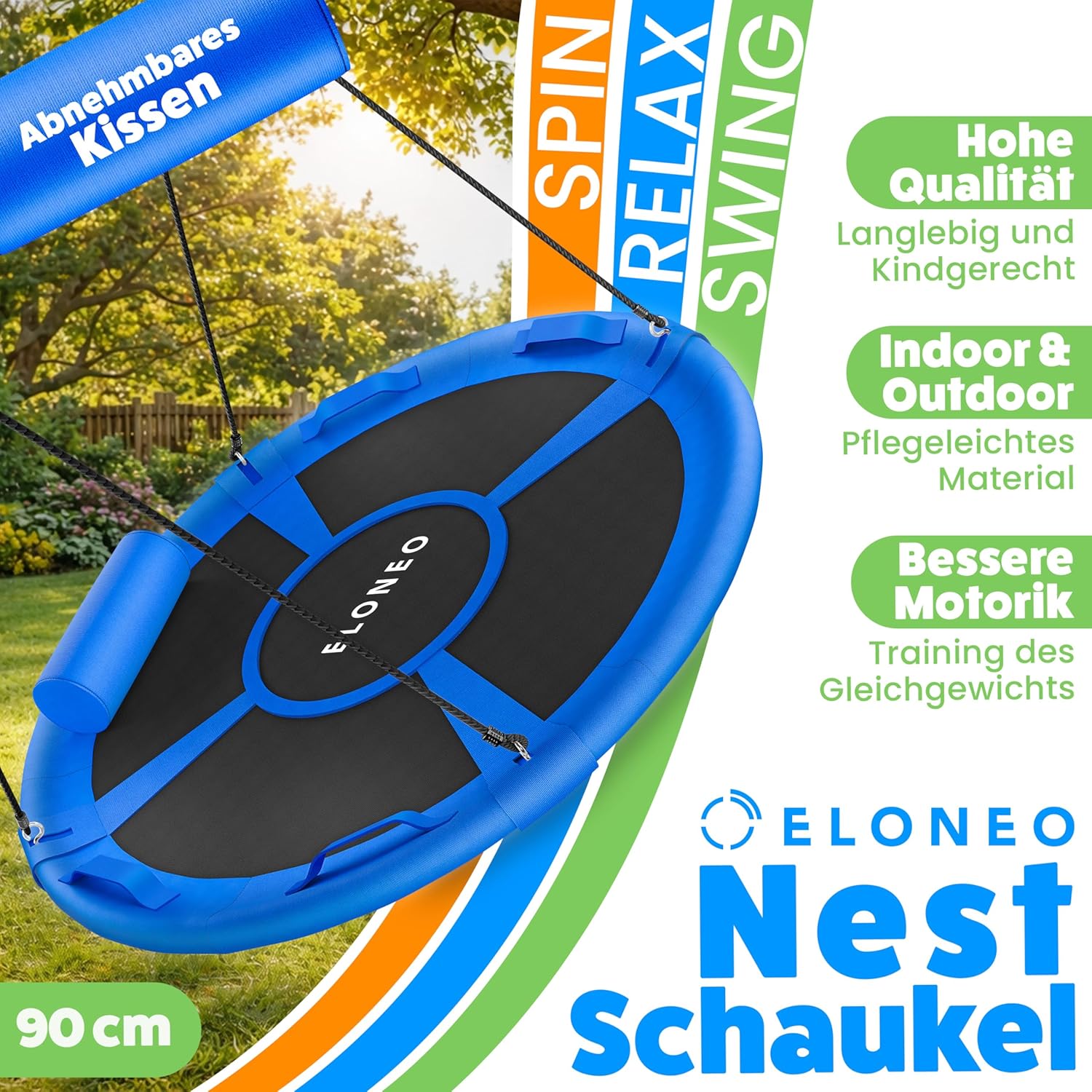 Detalle de ELONEO Balançoire nid | balançoire ronde 90 cm, charge 300 kg et kit accessoires – pour intérieur et extérieur
