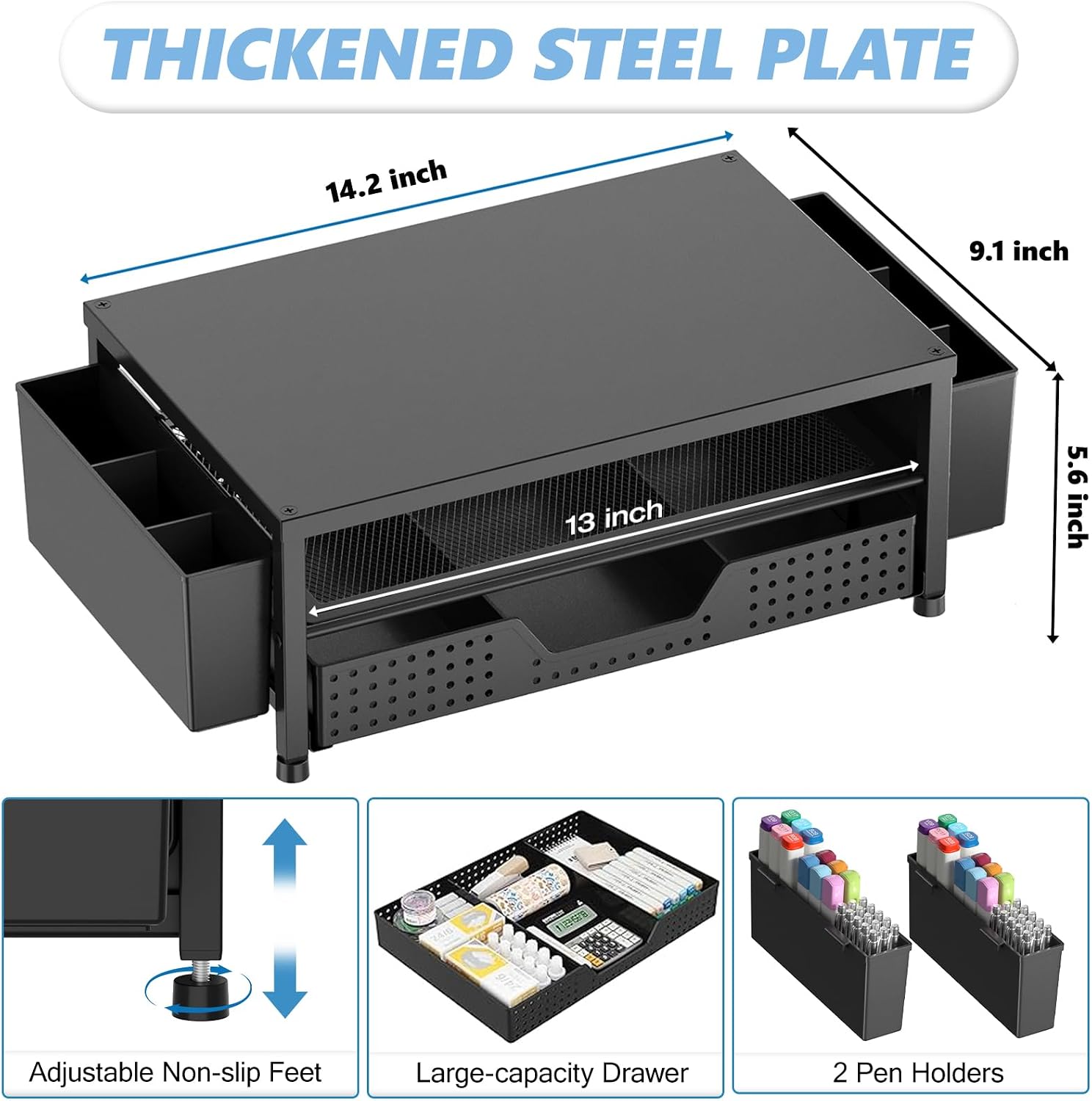 Thumbnail 5 de OPNICE Computer Monitor Stand Riser with Drawer and 2 Pen Holders, Black