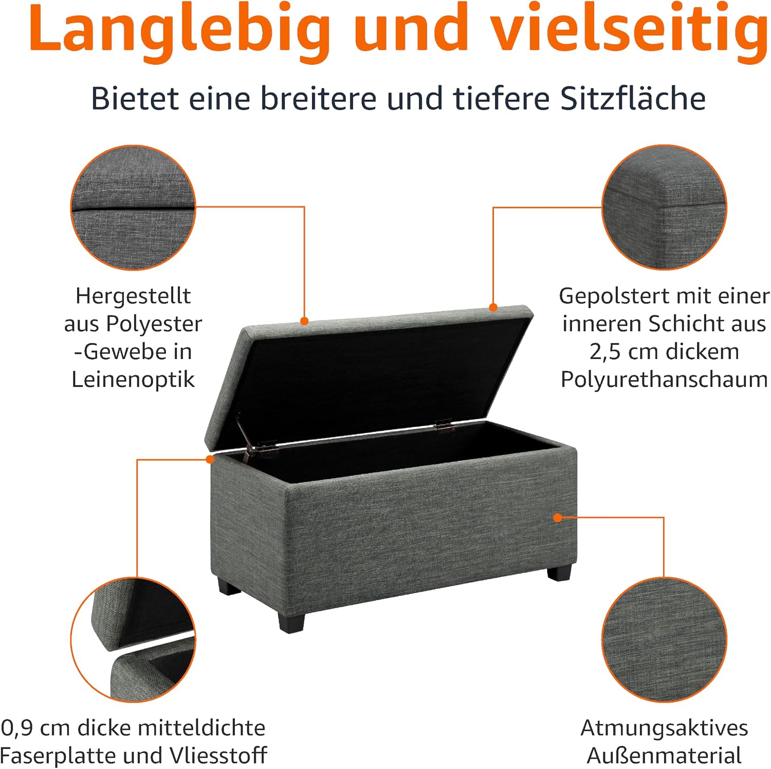 Detalle de Amazon Basics Bank für den Eingangsbereich – rechteckig, gepolstert mit Stauraum, 42 x 90 x 43 cm, Flur/Schlafzimmer in Dunkelgrau