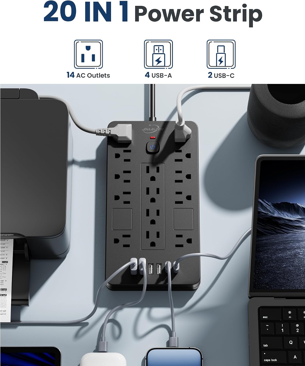 Detalle de JouleLoom TT-US814 Power Strip, 14 AC Outlets, 6 USB Ports, 6-ft Cord