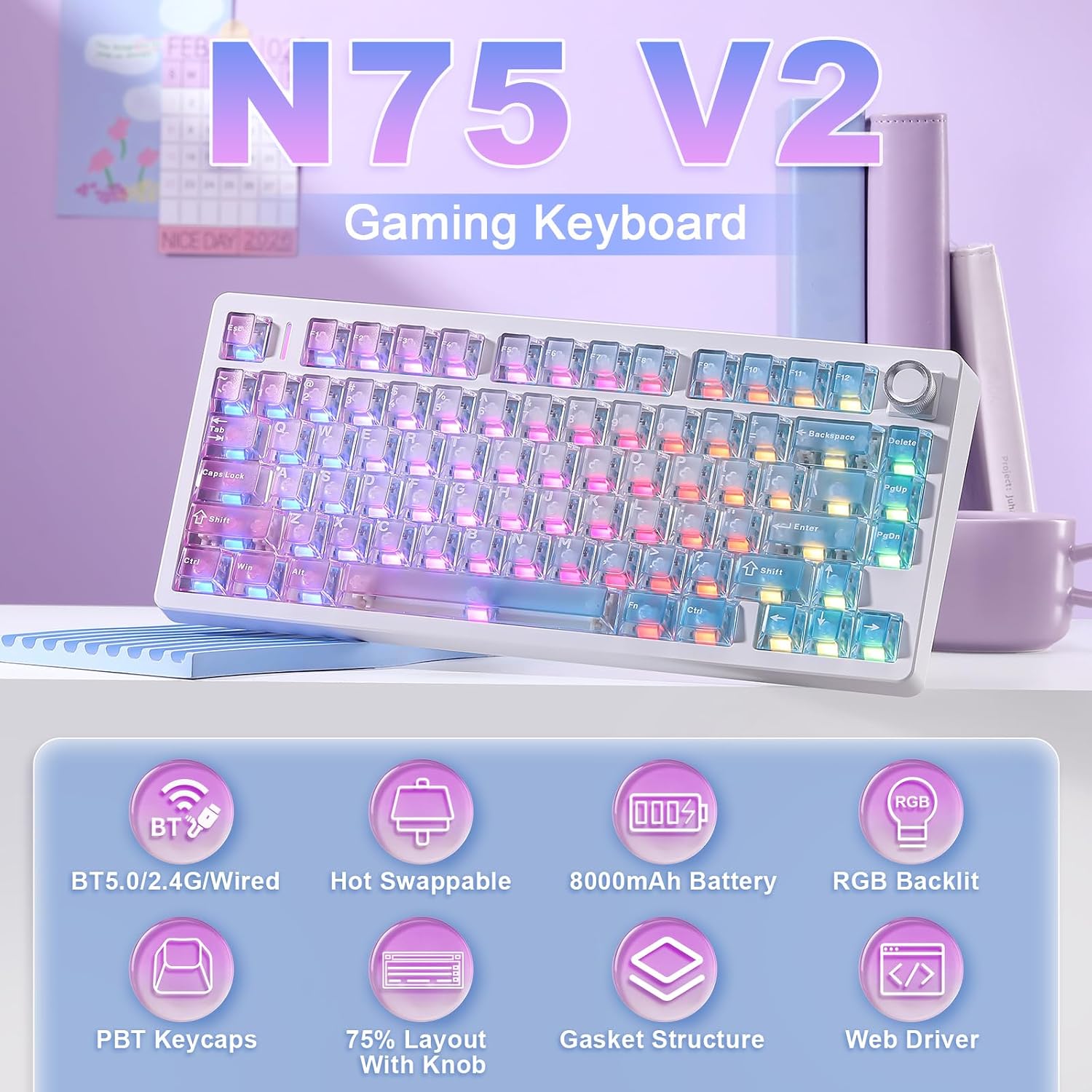 Detalle de MIKIBY N75 V2 Mechanical Keyboard: 75% Layout, Gasket, Tri-Mode Wireless