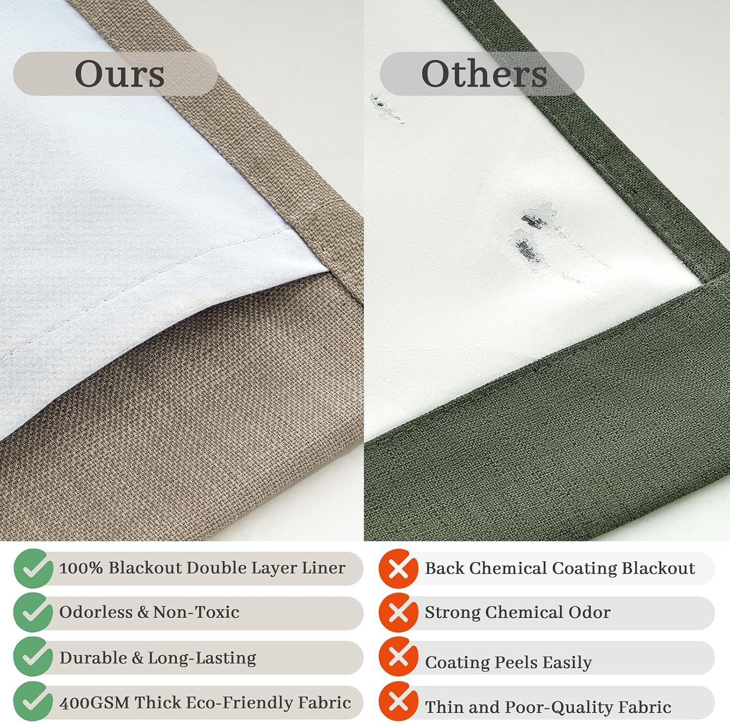 Detalle de Unique Black Out Thick Linen Privacy Curtains 105 Inches Long, 2 Panel Set