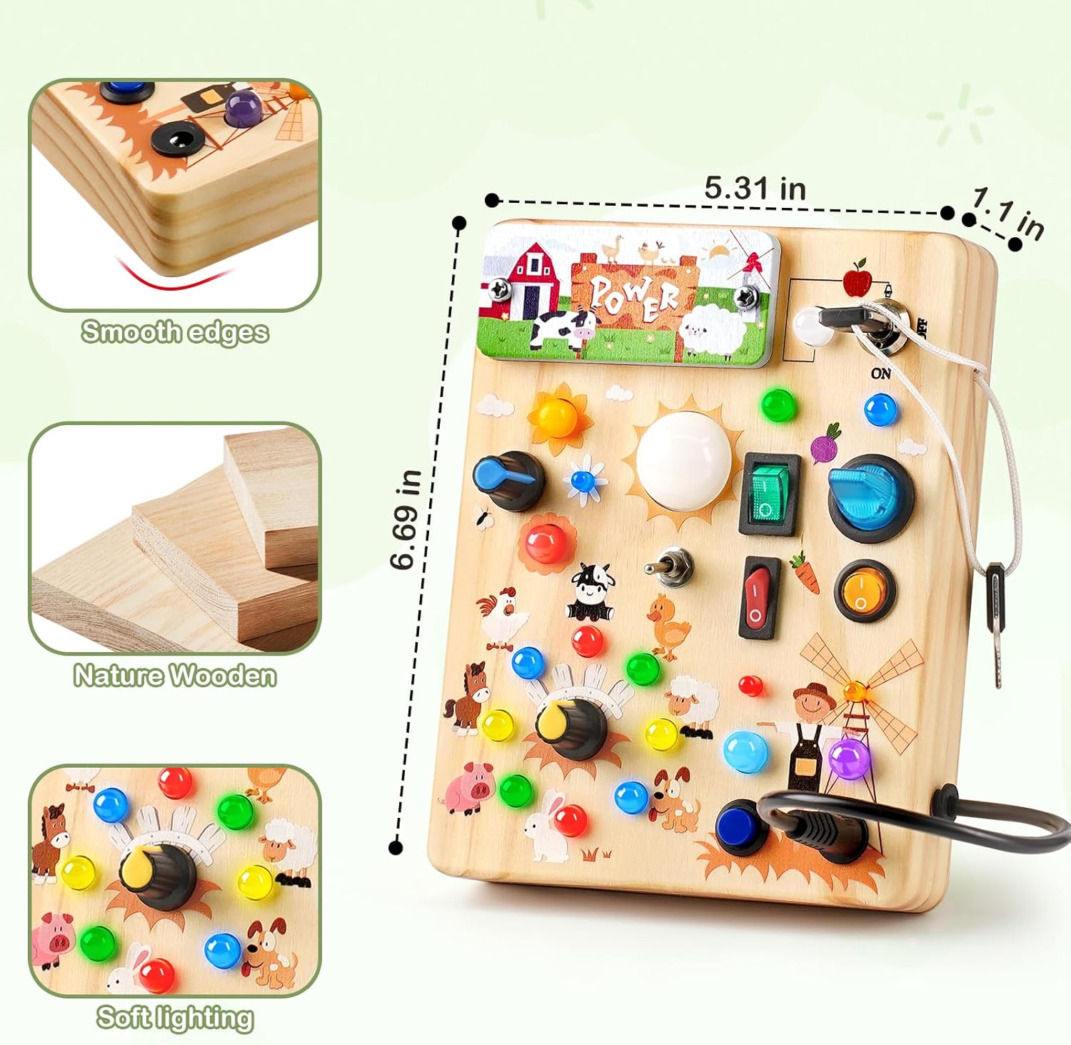 Detalle 1 de Sanlebi LED Busy Board for Toddlers, Wooden Farm Activity Toy with 10 Switches