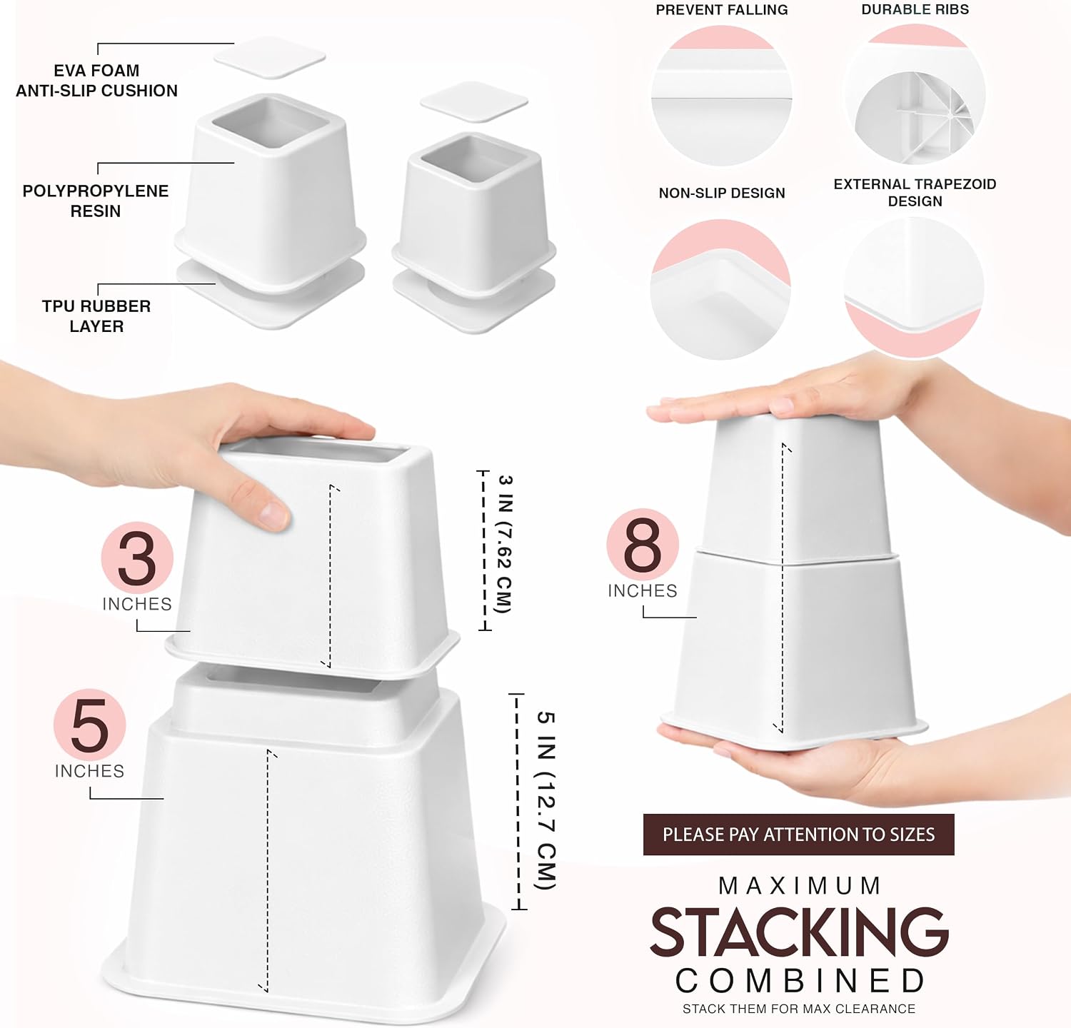 Detalle 2 de Utopia Bedding UB902 Adjustable Furniture Risers, White, Stackable 3- and 5-Inch Heights