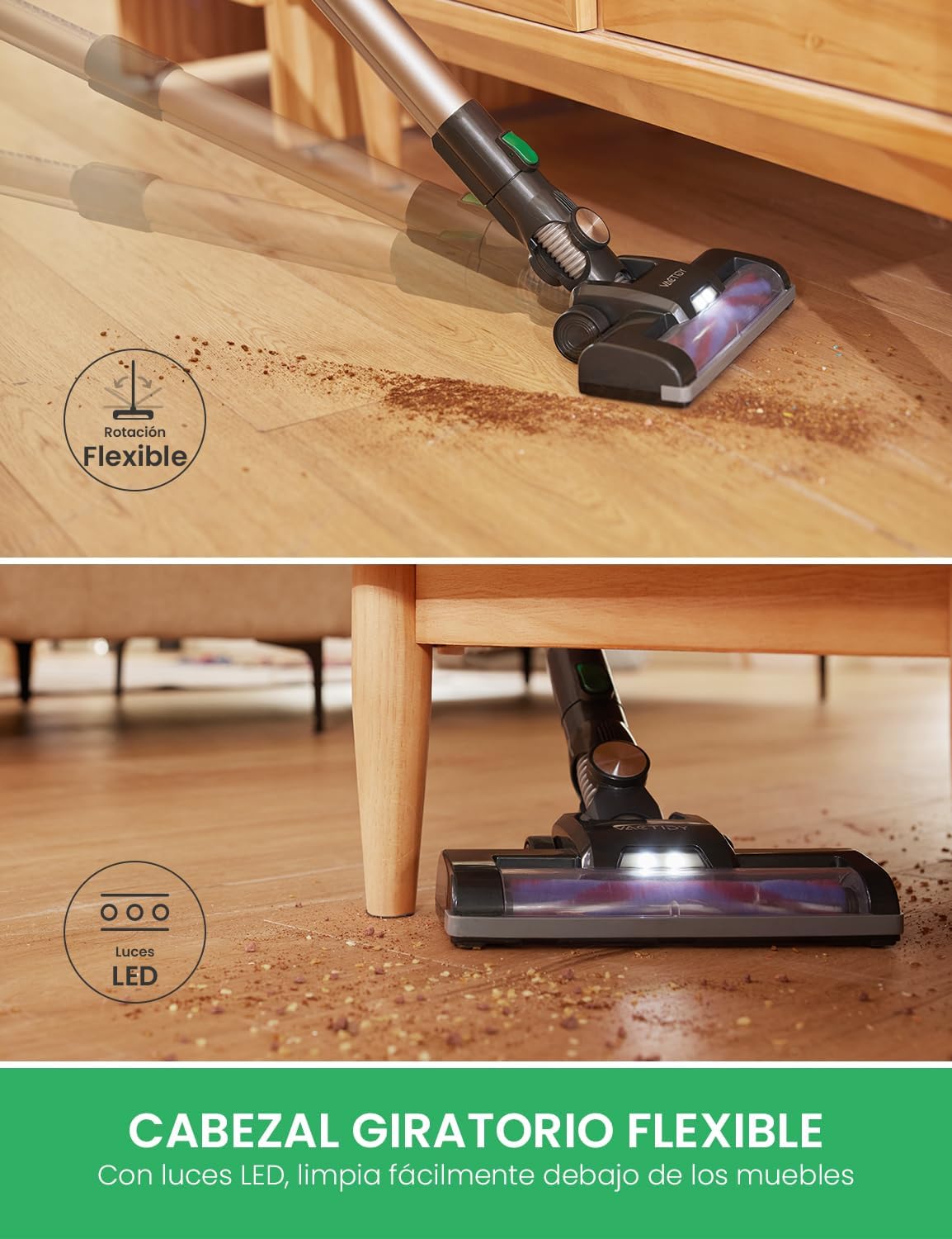 Detalle 2 de Vactidy V8 Aspiradora 200W, Verdes, Compacta y Potente