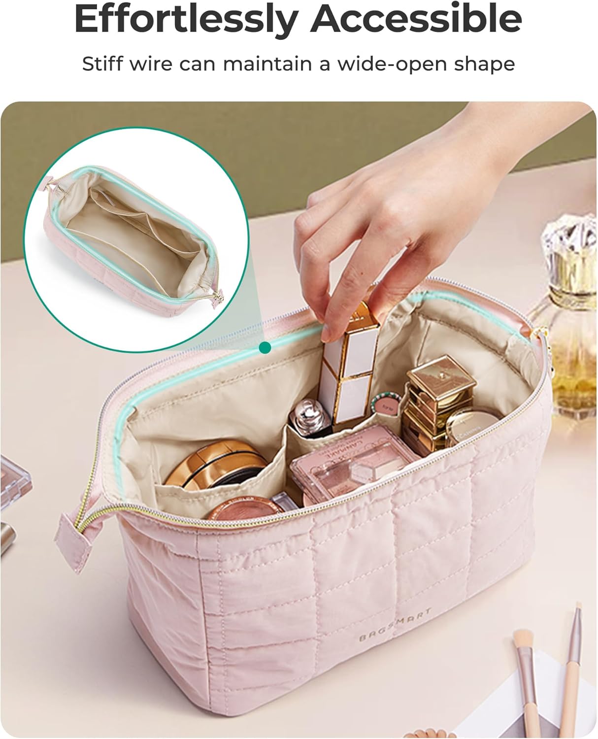 Detalle 2 de BAGSMART Makeup Bag Travel Cosmetic Bag (Cherry Print) – Wide-Open Puffy Organiser with Large Capacity