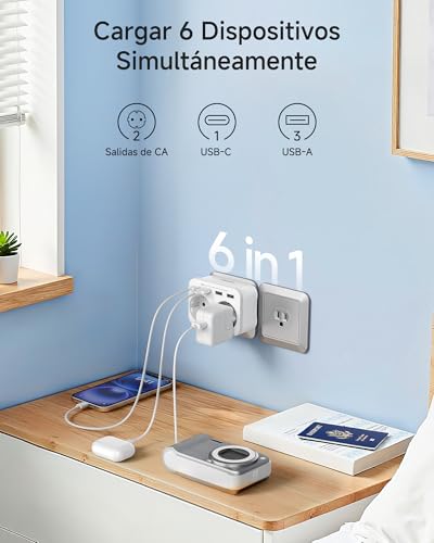 Detalle de LENCENT Adaptador Enchufe USA/EE.UU: 6 en 1 para viajes (Tipo B) con USB y USB-C