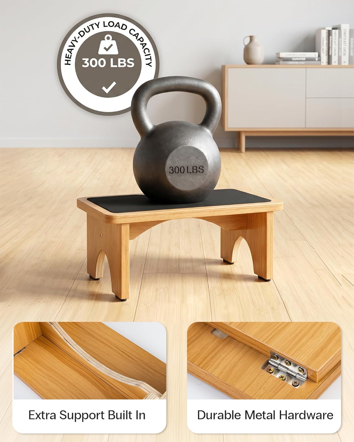 Detalle de StrongTek Step Stool for Kids and Adults – Portable Wooden Bedside Stool, 7.5" High