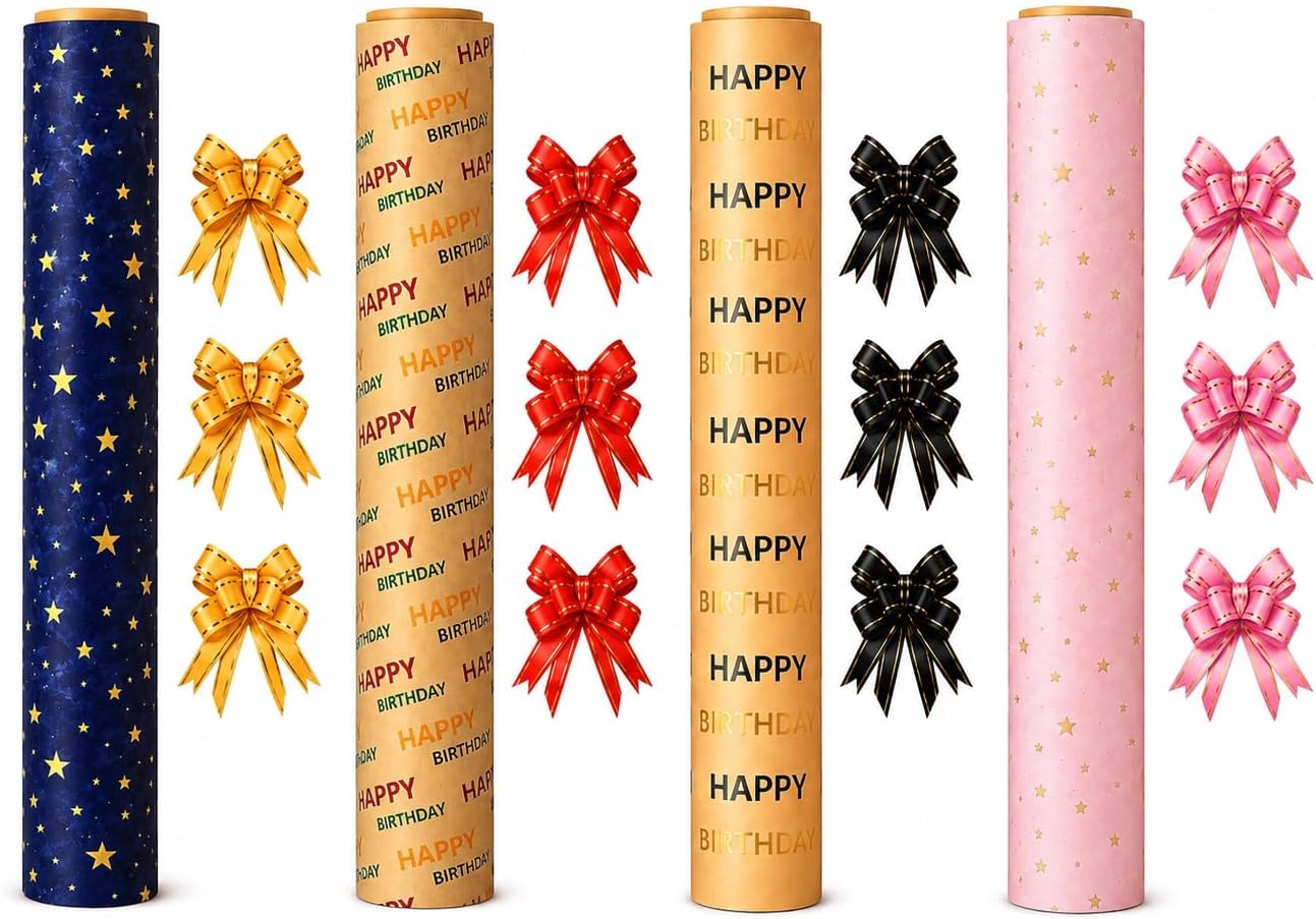 Thumbnail 6 de HURUC Happy Birthday Wrapping Paper Roll 43cm x 25m with 5 Red Pull Bows