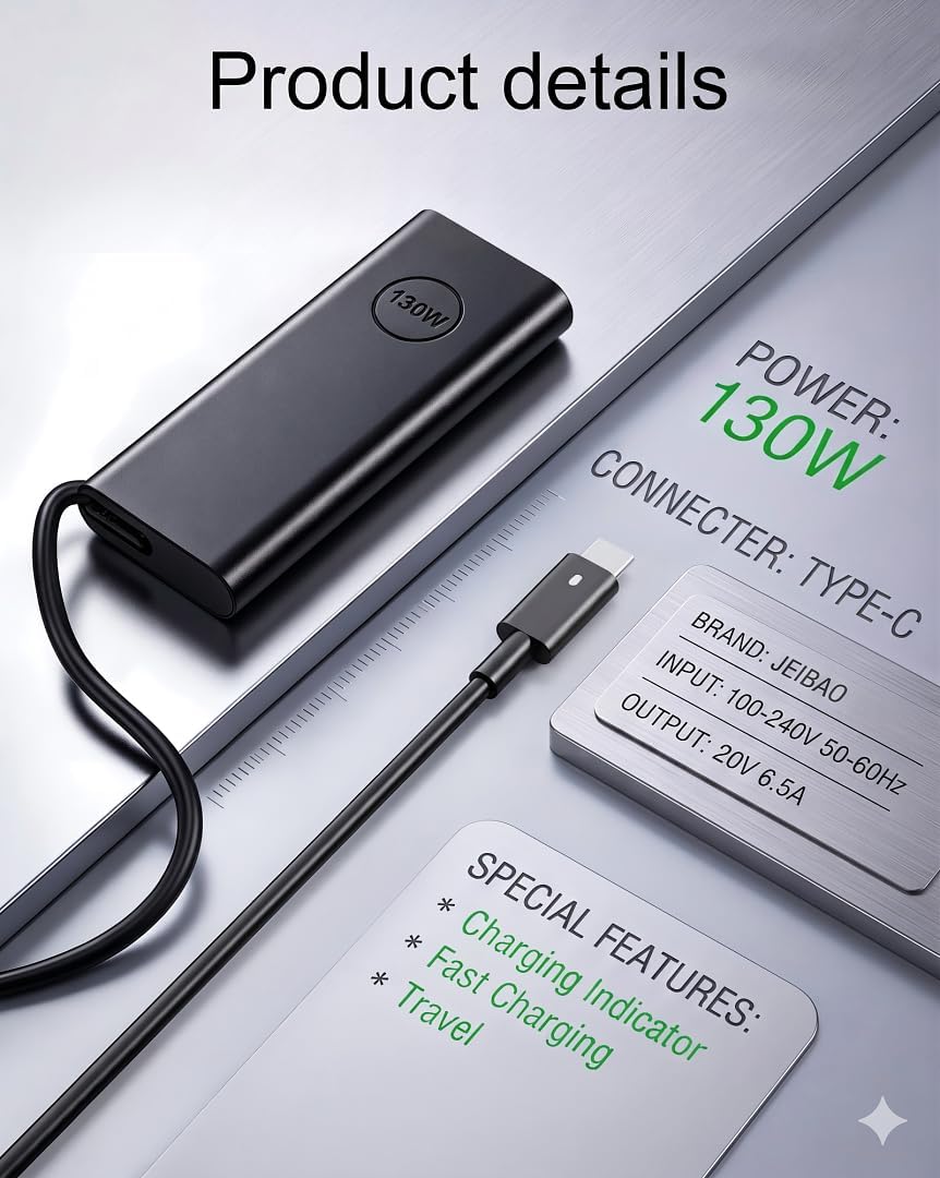 Detalle de 130W USB-C Laptop Charger for Dell XPS, Precision, Latitude — High-Efficiency PD Power Supply