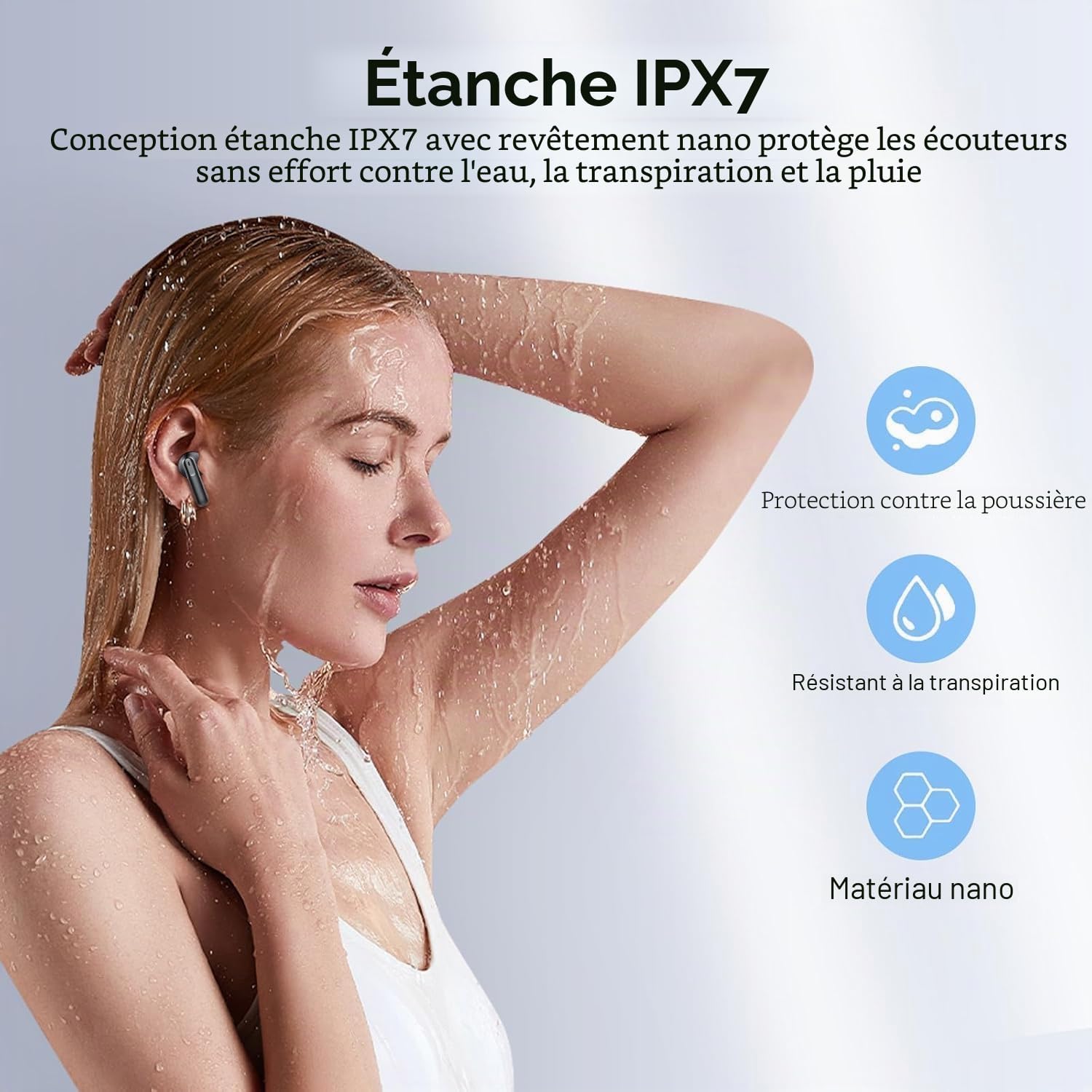 Detalle de Écouteurs Bluetooth sans fil Bluetooth 5.4 avec réduction de bruit ENC, 4 micros et autonomie jusqu’à 40 h (USB‑C, IP7)